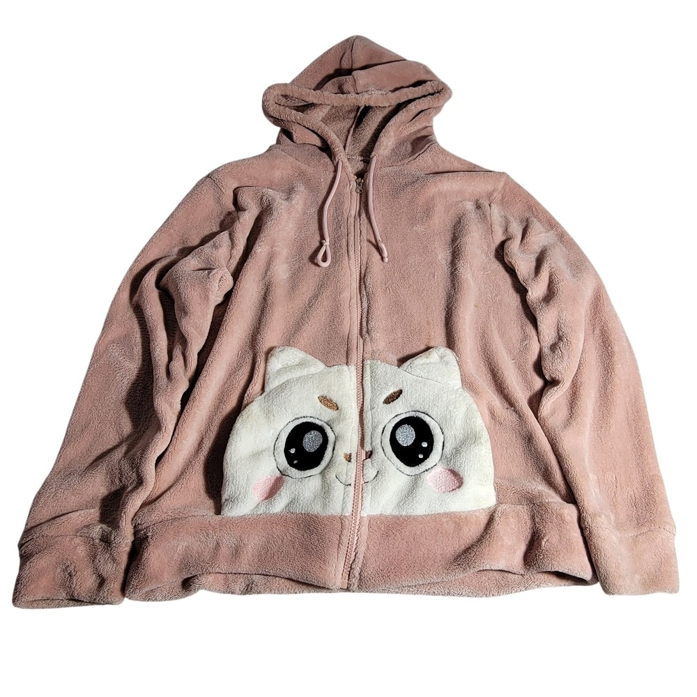 Pink Plush Fleece Cat Face Zip Up Hoodie Kawaii Animal Graphic Sweatshirt